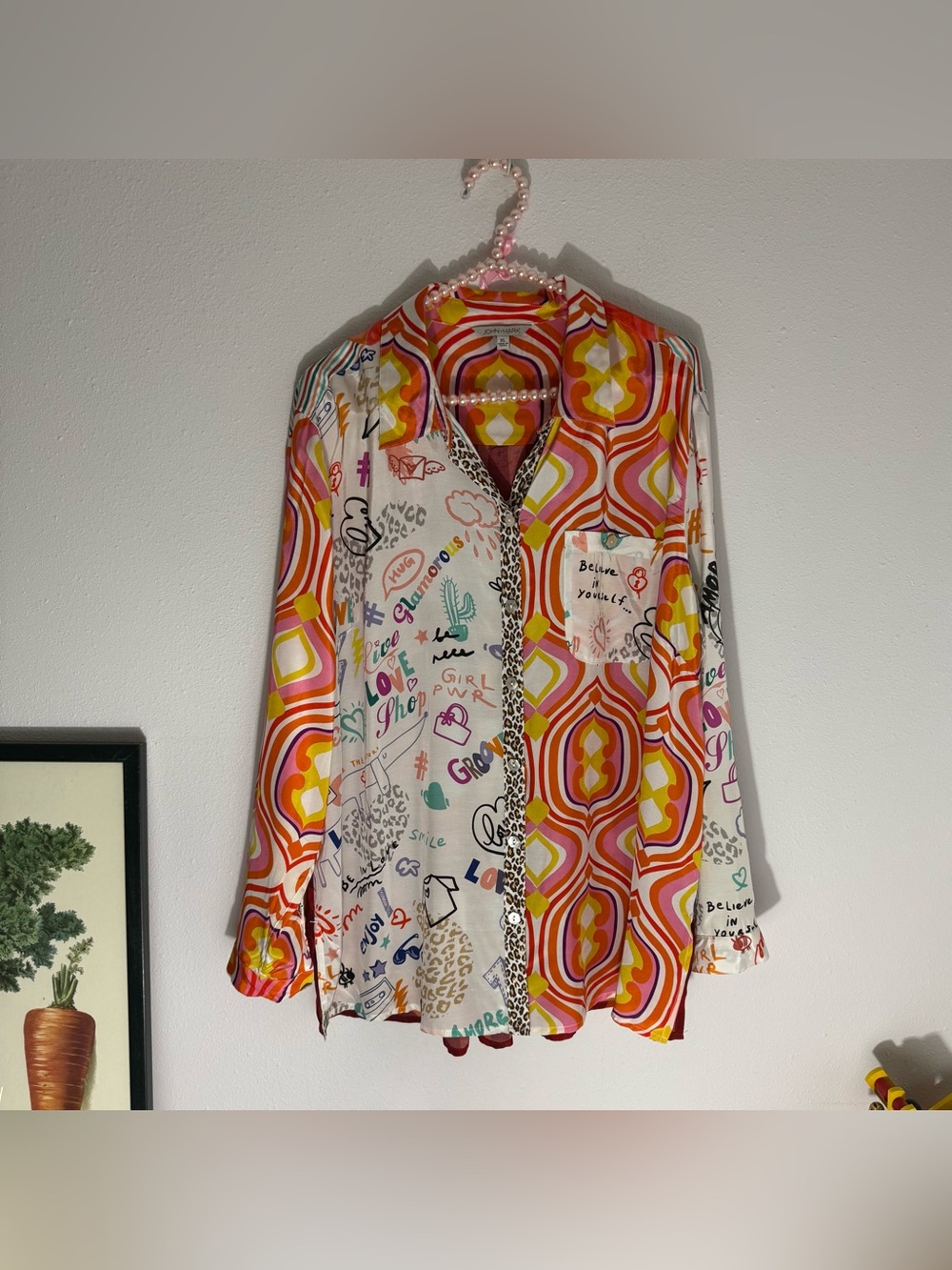 John Mark Chic and Glamorous Love multicolored graffiti silky button up size XL